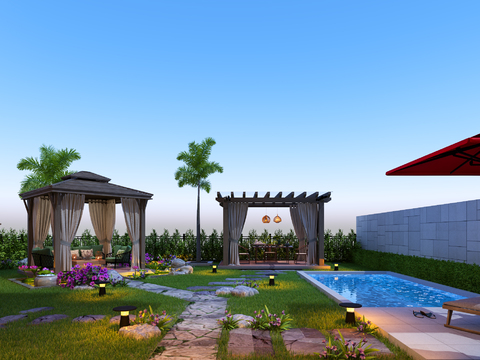  现代别墅庭院泳池3d模型 
