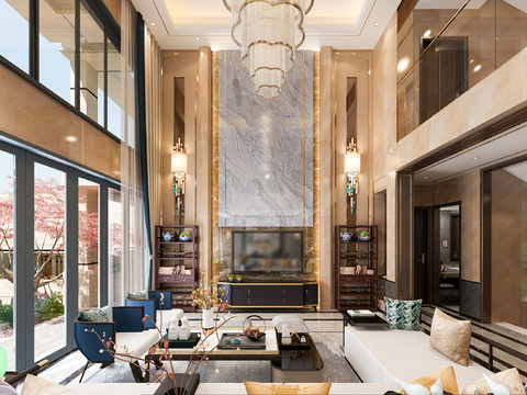  新中式轻奢别墅大堂茶室3d模型 