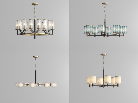  现代轻奢金属水晶多头吊灯组合3d模型下载 工业风简约艺术客厅餐厅灯具 室内装饰照明设计 