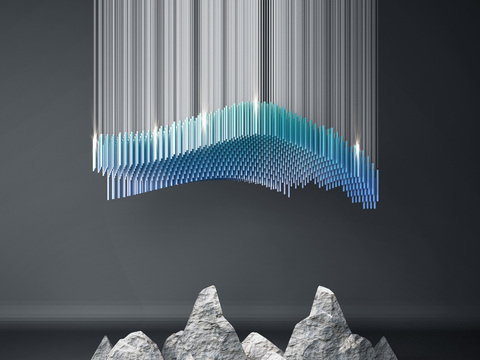  现代艺术吊灯假山组合3d模型下载 蓝白渐变未来科技感抽象波浪结构 自然岩石装饰深色背景设计 