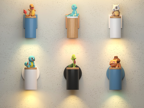  卡通壁灯3d模型下载 宝可梦角色儿童房装饰灯 皮卡丘杰尼龟伊布壁灯定制 