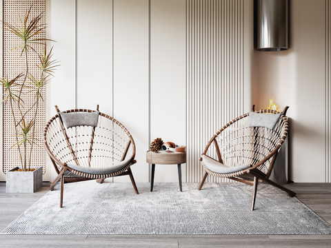  现代藤编休闲椅客厅装饰3d模型下载 圆形小桌条纹背景墙居家设计 地毯盆栽室内 