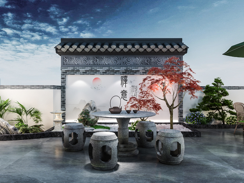  新中式庭院露台3d模型 