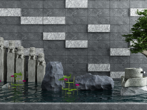  新中式荷花水景园艺小品3d模型 