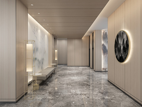  新中式会所走廊过道3d模型 