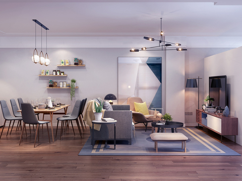  北欧公寓客厅餐厅卧室3d模型 