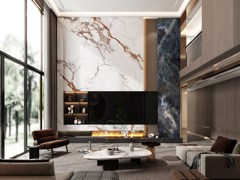  现代挑空别墅客厅3d模型 