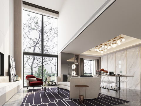  现代复式客厅餐厅3d模型 