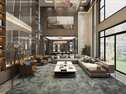  现代挑空别墅大堂3d模型 