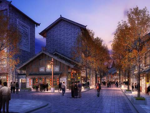  新中式古建园林夜景景观psd 