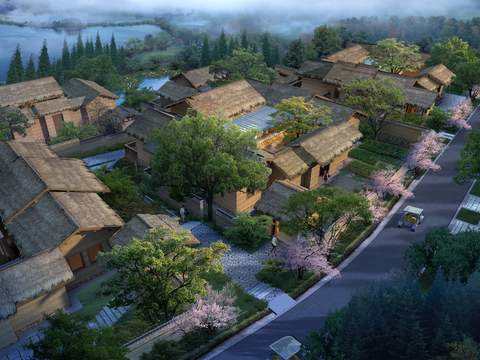  现代茅草屋道路园林景观psd 