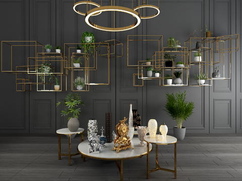  现代金属几何置物架墙面层板盆栽组合3d模型下载 室内装饰设计 