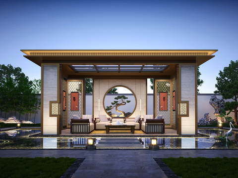  新中式庭院凉亭夜景3d模型 