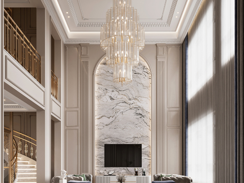  法式轻奢挑空别墅客厅餐厅3d模型 