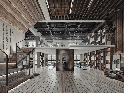  工业风禅意书吧3d模型 