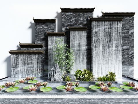  新中式荷花荷叶马头墙水景小品3d模型 