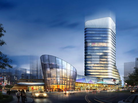  现代商业楼建筑外观夜景psd 