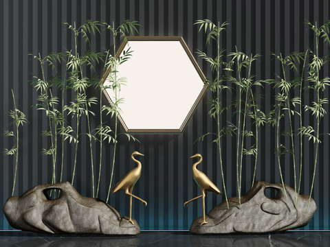  新中式金属鹤竹子景观小品3d模型 