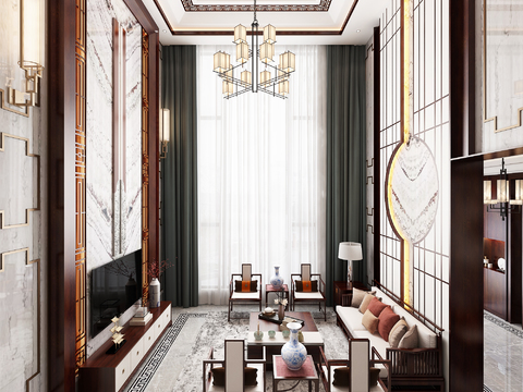  新中式别墅客厅餐厅3d模型 