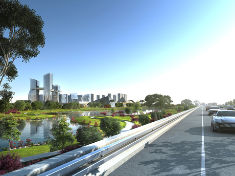  现代湖边景观3d模型 