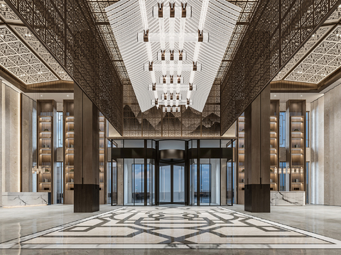  新中式轻奢酒店大厅3d模型 