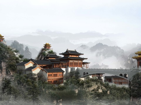  中式古建寺庙外观psd 