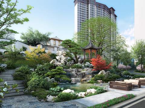  中式庭院假山流水景观psd 