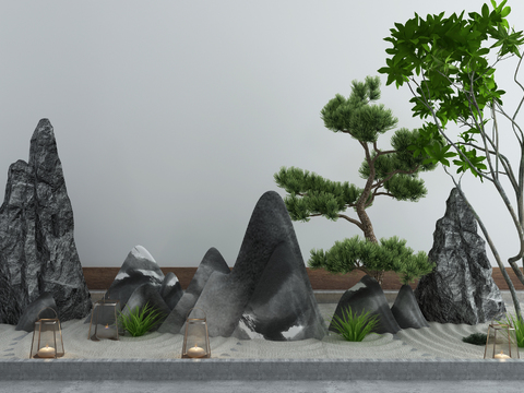  现代假山绿植园艺小品3d模型 