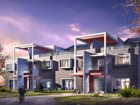  现代双拼别墅外观psd 