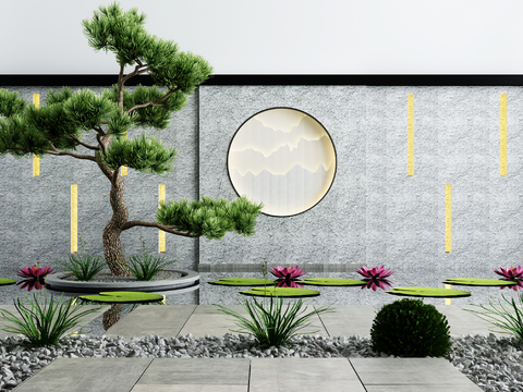  新中式庭院水景小品荷叶松树石头3d模型 