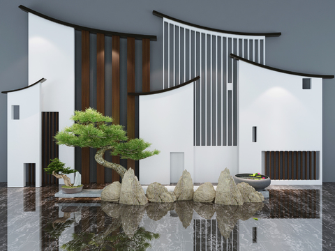  新中式徽派马头墙假山松树园艺小品3d模型 