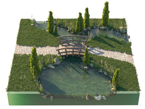  现代溪流木桥小品3d模型 