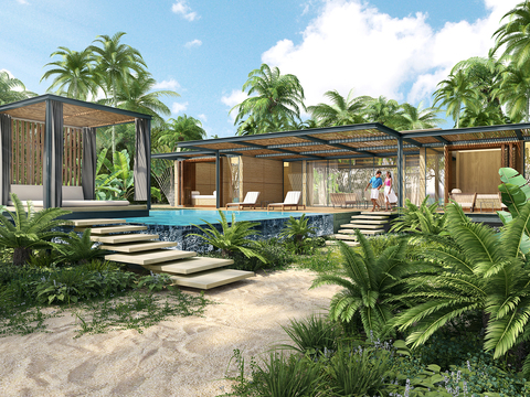  现代别墅泳池庭院3d模型 