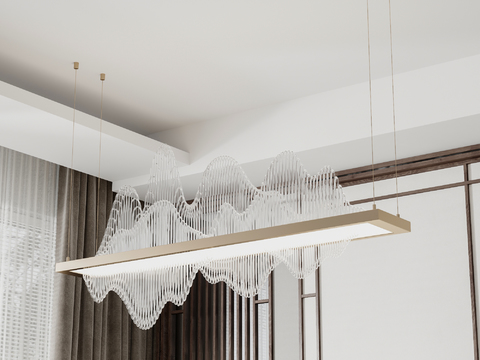  现代波浪形透明水晶吊灯3d模型下载 金属框架新中式设计 室内装饰 