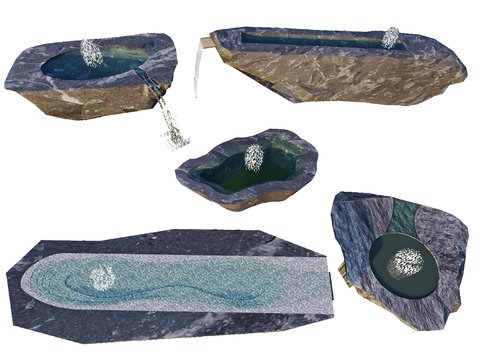  黑山石水钵 流水石钵 流水景观3d模型 