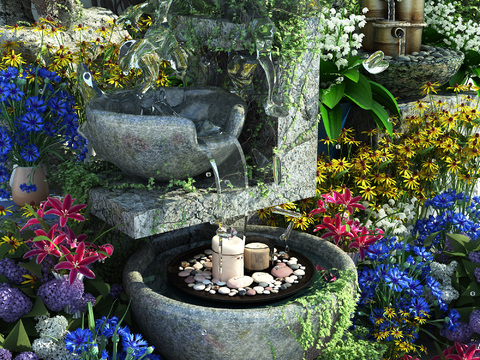  现代假山水景绿植园艺小品3d模型 