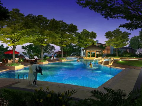  现代小区游泳池夜景psd 