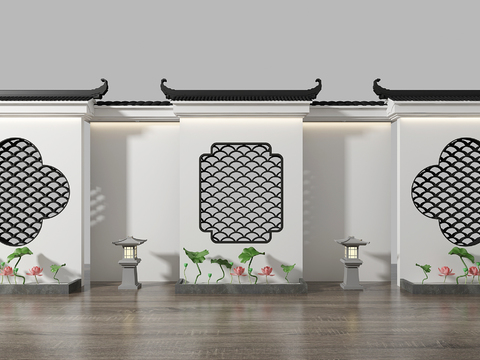  新中式马头墙园艺小品3d模型 