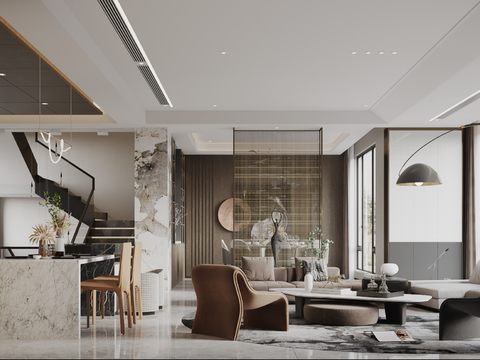  现代复式别墅客厅餐厅3d模型 