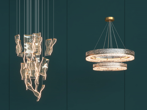  现代水晶吊灯3d模型下载 玻璃金属线艺术吊灯 简约客厅装饰灯具 