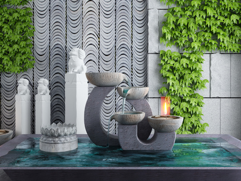  新中式庭院水景园艺小品3d模型 