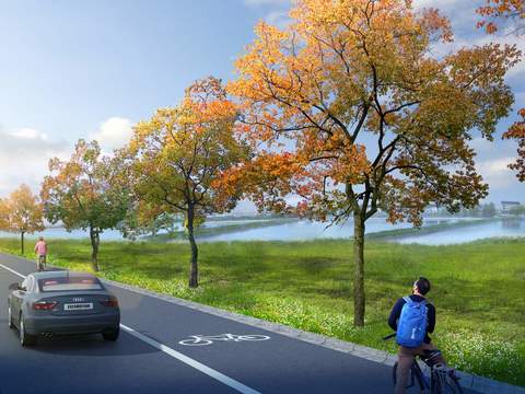  城市道路 绿化带 单车道psd 