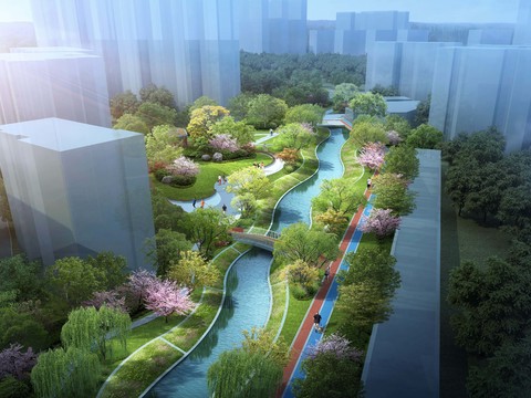  现代湿地园林鸟瞰景观psd 