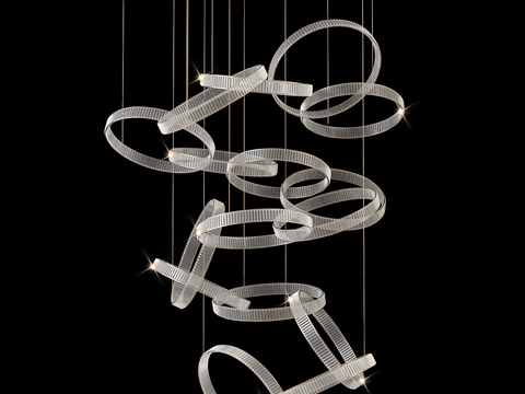  现代环形水晶吊灯3d模型下载 动态金属环艺术装置 高端装饰灯具 现代酒店大堂灯具设计 