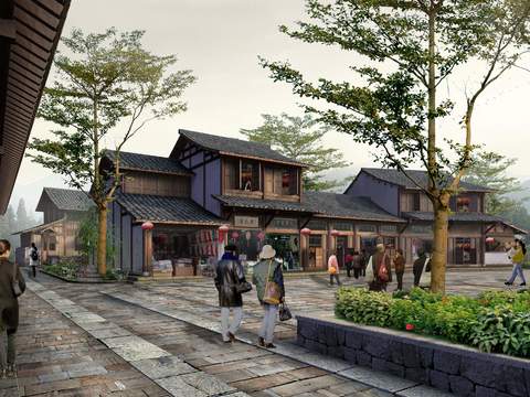  新中式商业街步行街景观psd 