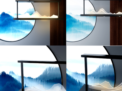  新中式山峰吊灯3d模型下载 现代极简圆形窗户设计 自然风格客厅装饰 