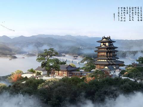  现代塔楼古建景观psd 