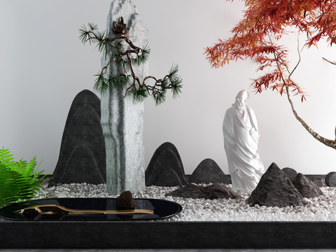  新中式枯山水假山枫树小品3d模型 