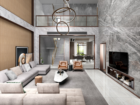  现代轻奢别墅大堂餐厅3d模型 