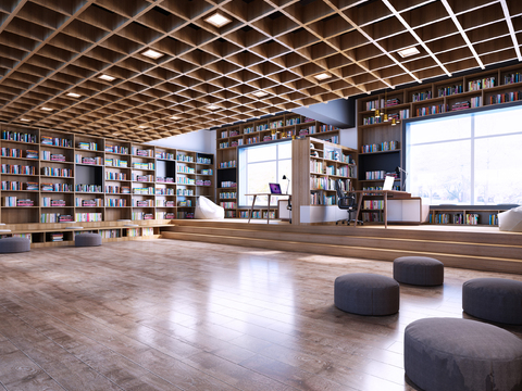  现代图书馆阅读室3d模型 